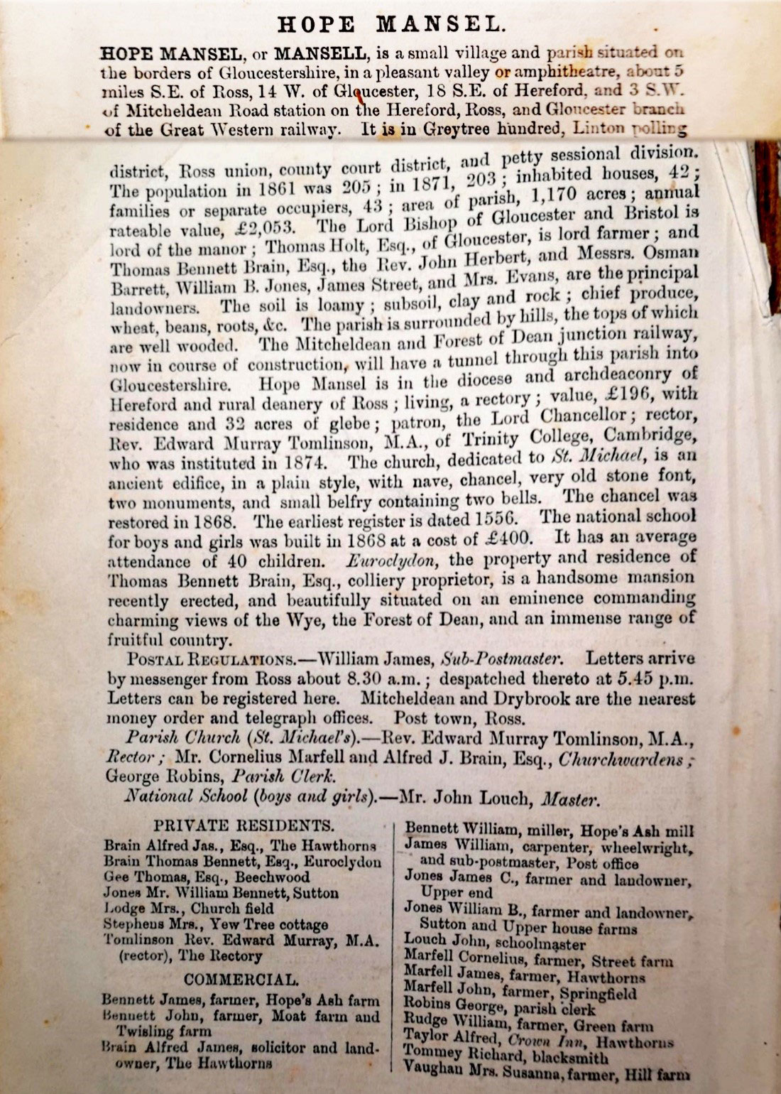 Hope Mansell Entry in Gazetteer in 1876
